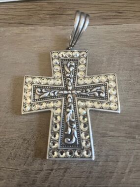 M&F Western charm cross pendant silver-tone metal rhinestones 3-4”